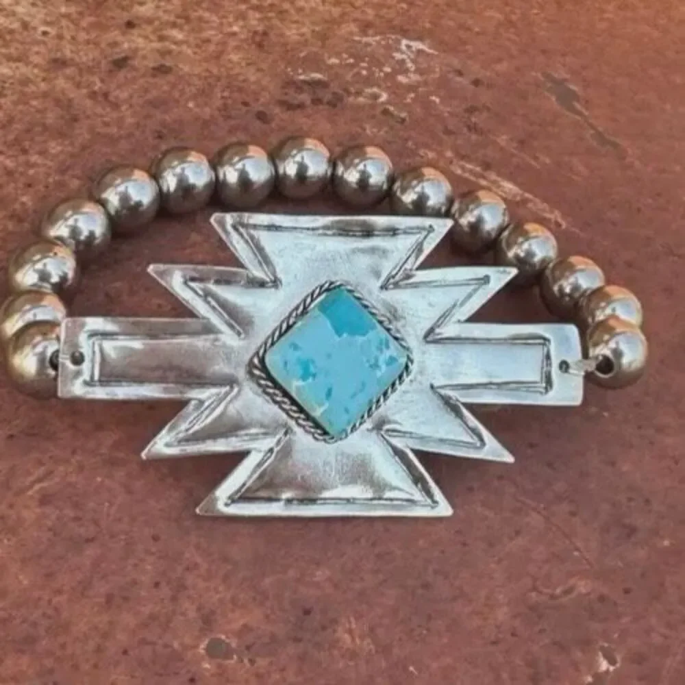 Southwestern Aztec Bracelet – Turquoise & Silver Beads Boho Western Style New